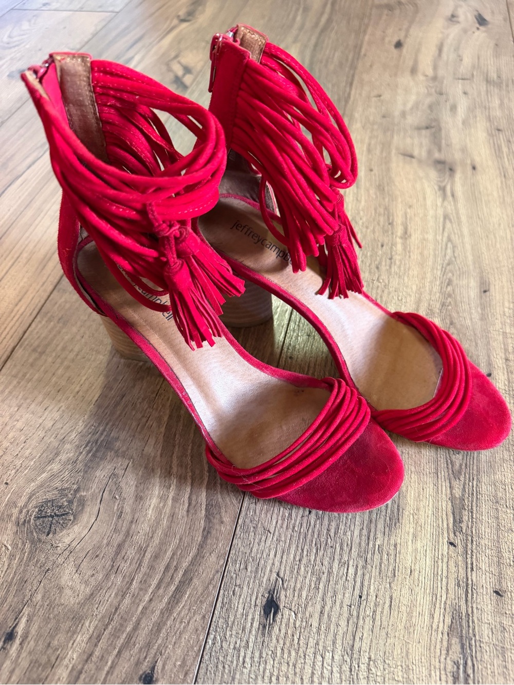 Jeffrey Campbell Pallas Red Suede Fringe Ankle Wrap Heeled Sandals 7.5
